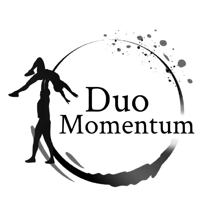 logo acrobats doing a dance lift with Duo Momentum as text
